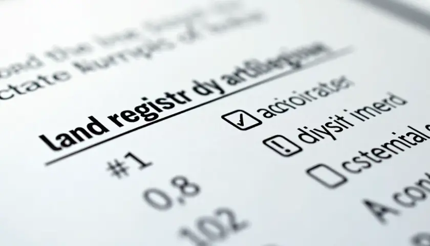 Fragment dokumentu z nagłówkiem "Land registr dy art" i zaznaczonym polem wyboru. Pokazuje, jak wygląda numer księgi wieczystej.