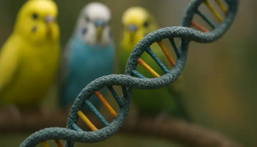 Kolorowe papużki faliste, różne gatunki papug, na tle modelu DNA.