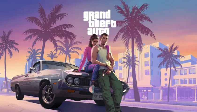 Para dowódców z GTA 6, siedzących na samochodzie, w tle palmy i budynki. Czekamy na premierę i zastanawiamy się, ile będzie kosztować GTA 6.
