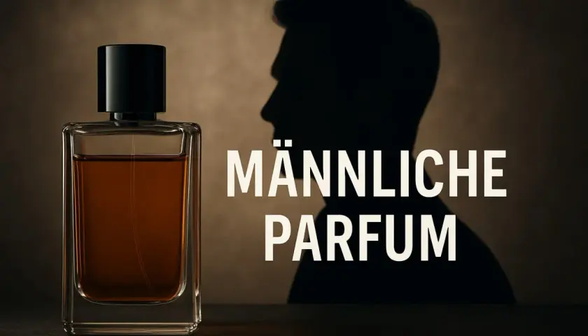 Eine Glasflasche mit braunem Parfum und der Schatten eines Mannes.