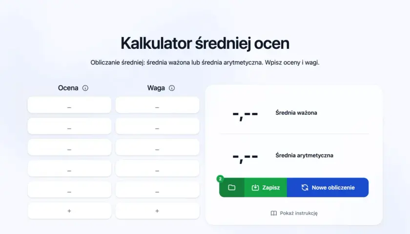 Kalkulator średniej ocen na studiach pozwala na wpisanie ocen i wag, by obliczyć średnią ważoną lub arytmetyczną.