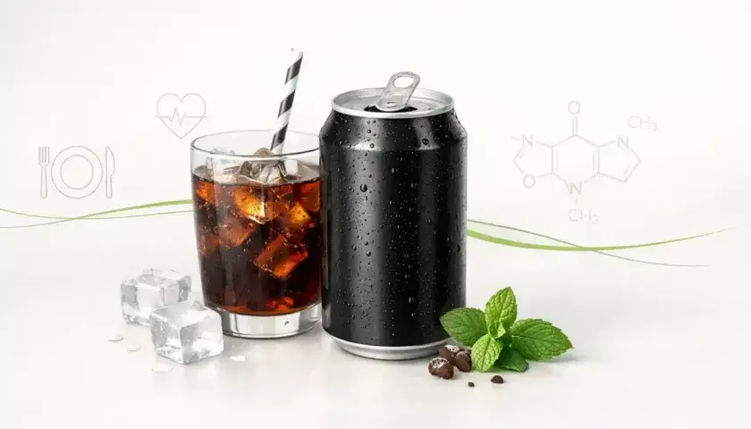 Czy cola zero jest zdrowa? Na zdjęciu puszka i szklanka z napojem, kostki lodu, mięta i wzory chemiczne.