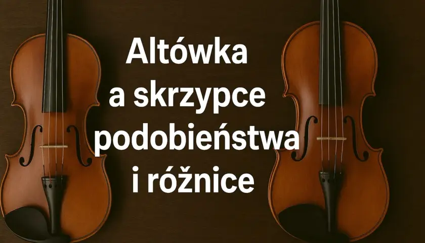 Dwa instrumenty smyczkowe: altówka i skrzypce, obok siebie. Tekst informuje o podobieństwach i różnicach między nimi.