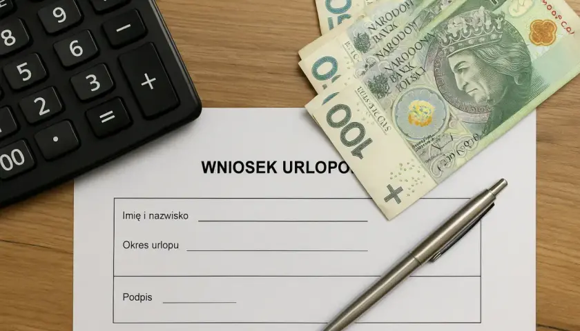 Formularz "Wniosek urlopowy" z polskimi banknotami i kalkulatorem. Pytanie: czy na umowie zlecenie jest urlop?