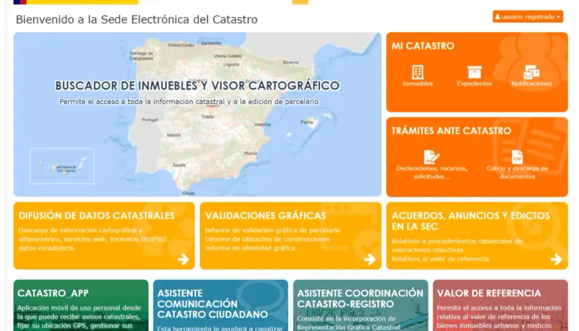 Interfaz web del Catastro español. Un tasador inmobiliario puede usar el buscador de inmuebles y visor cartográfico para acceder a datos catastrales y de parcelario.