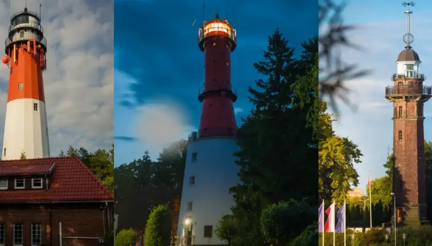 Trzy różne latarnie morskie: jedna biało-czerwona na tle chmur, druga czerwona nocą, trzecia ceglana z flagami.