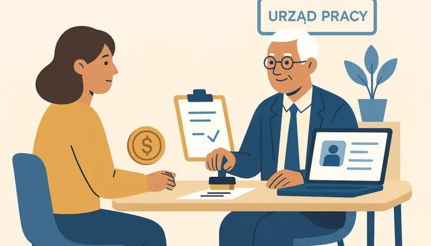 Urzędnik w Urzędzie Pracy rozpatruje wniosek o zasiłek dla bezrobotnych. Kobieta czeka na decyzję.