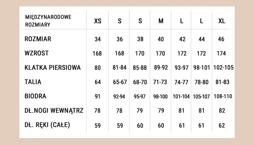 Tabela rozmiarów odzieży. Zwróć uwagę na zaniżoną rozmiarówkę, rozmiar 34 odpowiada XS, a 46 XL.