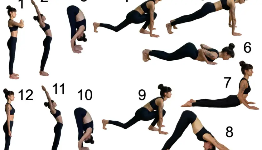 Frau in 12 Posen des Sonnengruß Yoga. Von der Berghaltung über Vorwärtsbeugen und Krieger bis zum herabschauenden Hund.