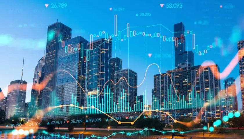 Blick auf eine Skyline mit Finanzdiagrammen, die iShares Emerging Markets widerspiegeln.
