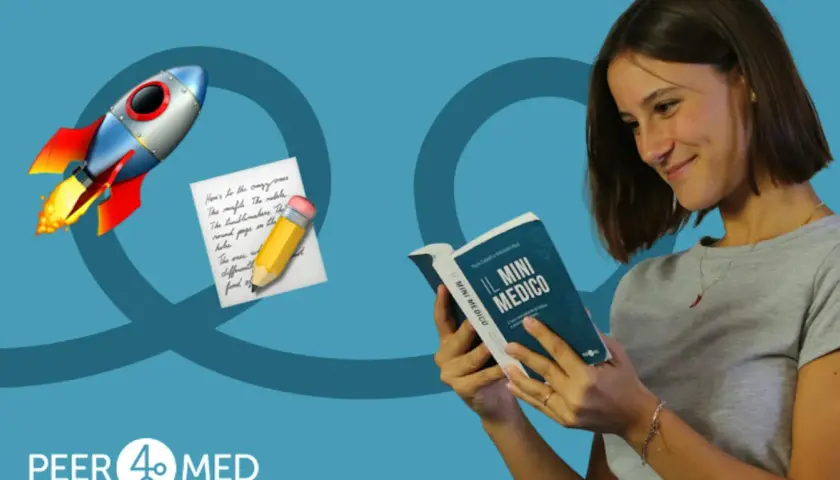 Giovane legge "Il Mini Medico", un libro che apre le porte alle **specializzazioni dopo medicina**. Un razzo simboleggia il decollo della carriera.