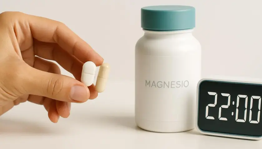 Mano tiene due capsule di magnesio. Accanto, un flacone di magnesio e un orologio digitale segnano le 22:00, suggerendo il momento ideale per l'assunzione.