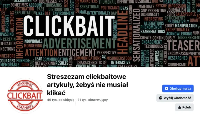 Słowa kluczowe jak "clickbait przykłady" otaczają wielkie napisy "CLICKBAIT" i "ADVERTISEMENT". Streszczenie clickbaitowych artykułów, by nie musieć klikać.
