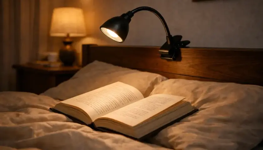 Un libro abierto descansa sobre almohadas, iluminado por un flexo pinza negro. La escena evoca una noche acogedora de lectura.