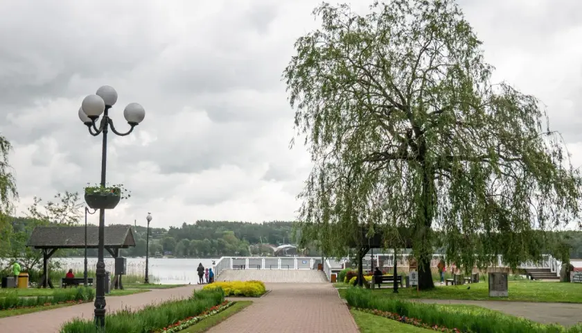 Spacer w Mrągowie nad jeziorem, z wierzbą płaczącą i kwitnącymi rabatami. To jedne z wielu mrągowo atrakcje.
