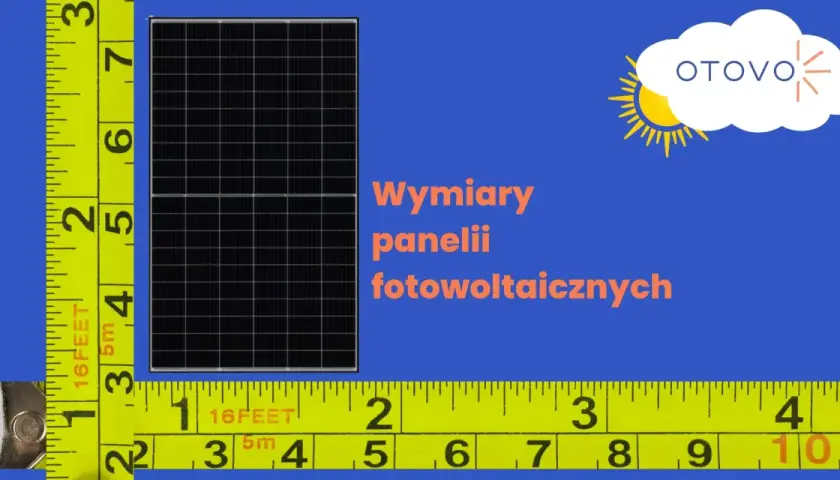 Miarka pokazuje wymiary paneli fotowoltaicznych. Logo OTOVO i słońce.