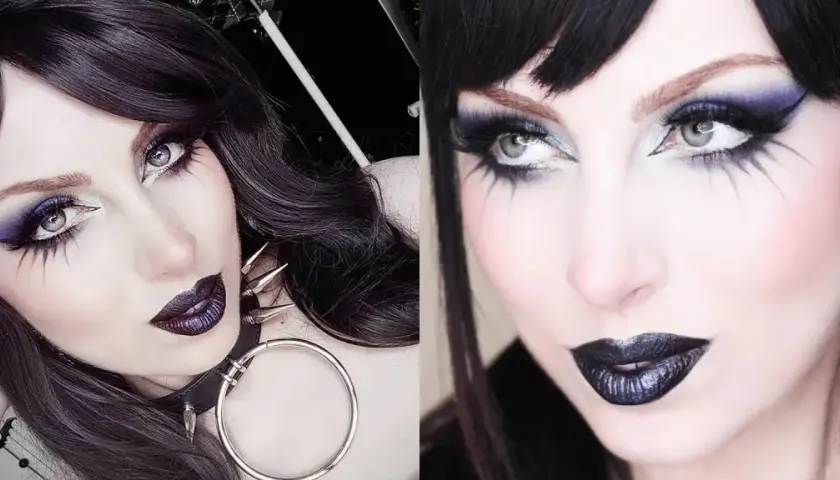 Mujer con maquillaje gótico: ojos dramáticos con sombras moradas y negras, pestañas largas y labios oscuros.