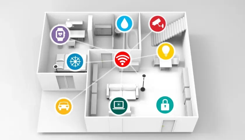 Schemat domu z ikonami symbolizującymi smart life urządzenia: zegarek, śnieżynka, samochód, kropla, Wi-Fi, kamera, żarówka, laptop, kłódka.