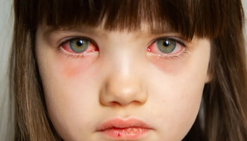 Primer plano de los ojos rojos e irritados de una niña, síntoma común de conjuntivitis en niños.