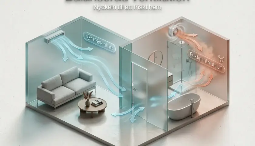 Illustration visar balanserad ventilation i ett hem. Frisk luft tillförs till vardagsrummet, medan fuktig luft från badrummet ventileras ut.