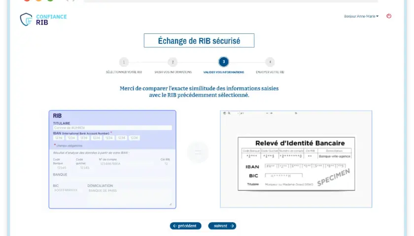 Interface pour comparer les informations d'un RIB avant de savoir comment envoyer un RIB par mail.
