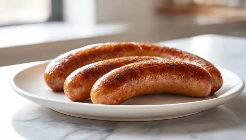 Drei goldbraun gebratene Salsiccia-Würste liegen auf einem weißen Teller. So kann man Salsiccia kochen!