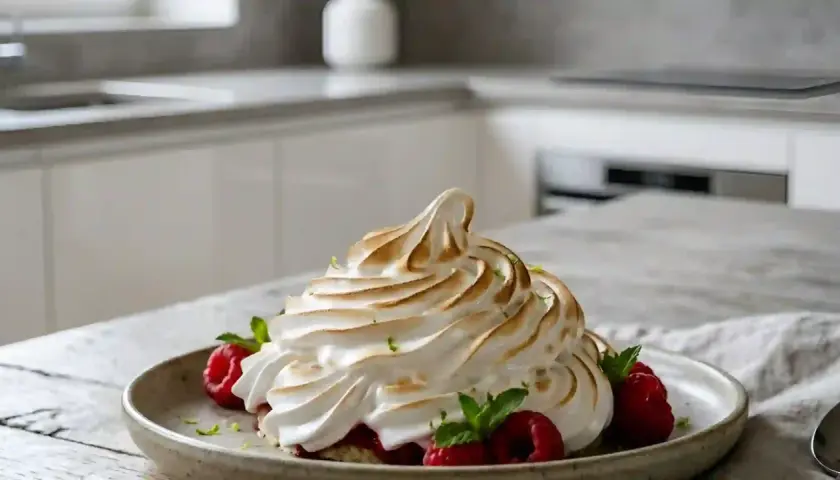 Un dessert aérien avec une meringue italienne dorée, des framboises fraîches et des feuilles de menthe sur une assiette.