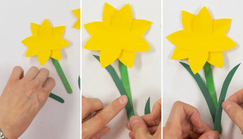 Schritt-für-Schritt-Anleitung zum Narzisse basteln mit Papier. Hände kleben grüne Blätter an den Stiel einer gelben Papiernarzisse.