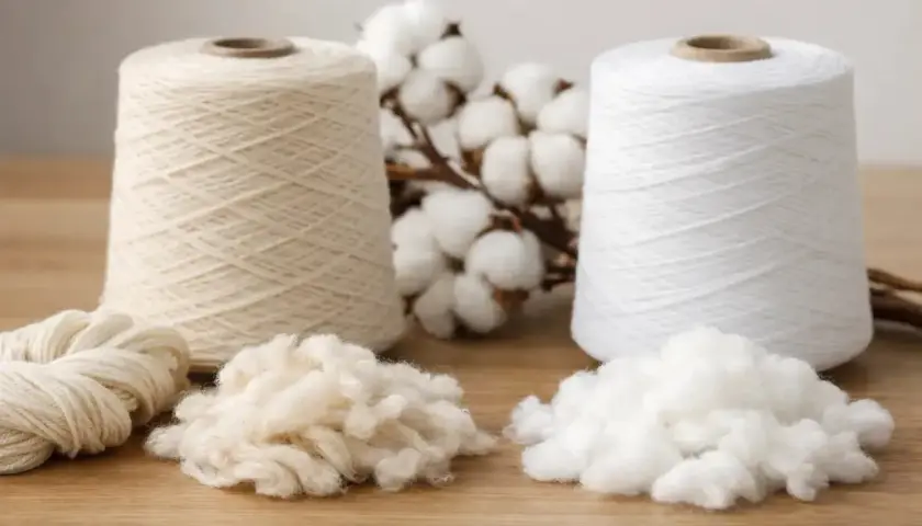 Deux cônes de fil de coton ring spun, de la bourre de coton et des capsules de coton sur une table en bois.