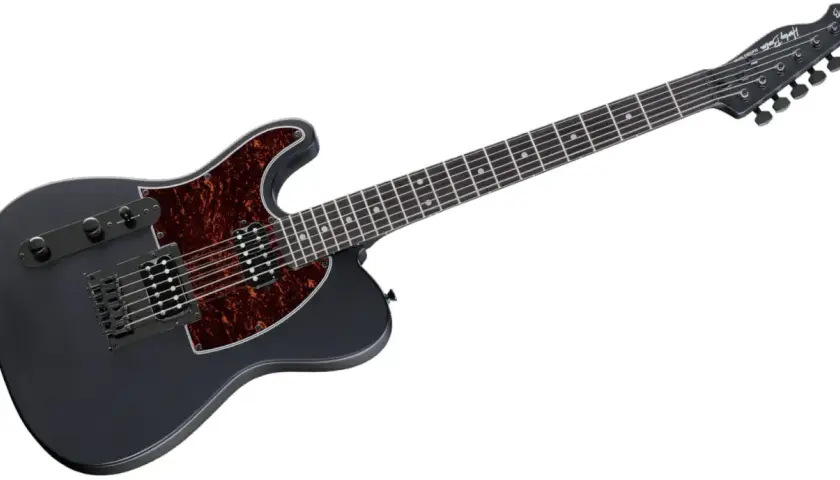 Czarna, matowa gitara elektryczna leworęczna z tortoishelowym pickguardem i czarnym osprzętem.