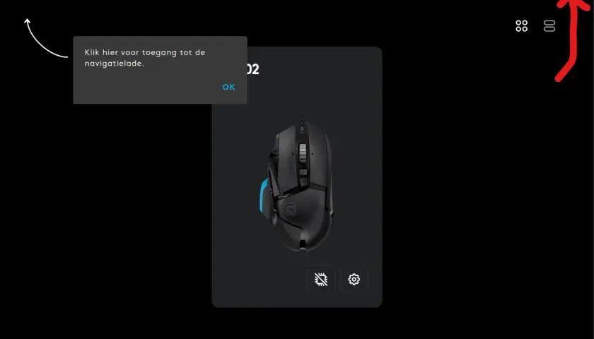 Logitech G Hub startet nicht. Ein Pop-up mit der Meldung "Klik hier voor toegang tot de navigatielade." und einem OK-Button erscheint.