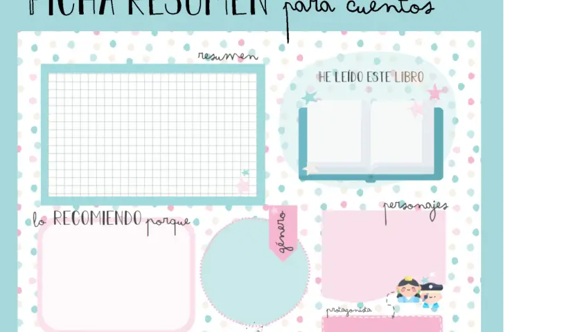 Plantilla para escribir un resumen de cuentos, con secciones para resumen, género, personajes y recomendación.