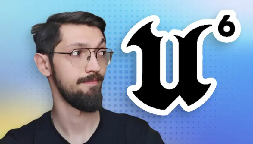 Ein Mann mit Brille und Bart blickt nach rechts, neben ihm das Logo von Unreal Engine 6.