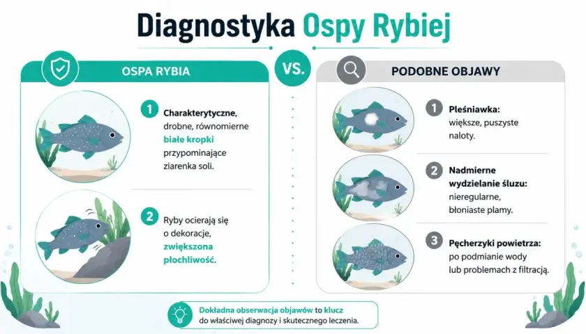 Ilustracja porównuje objawy ospy rybiej (drobne białe kropki, ocieranie się ryb) z podobnymi symptomami (pleśniawka, nadmiar śluzu), kluczowe dla ichtiologii.