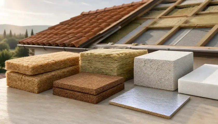 Vari materiali per l'isolamento termico del tetto, tra cui fibra di legno, lana di roccia e polistirene, pronti per migliorare l'efficienza energetica.