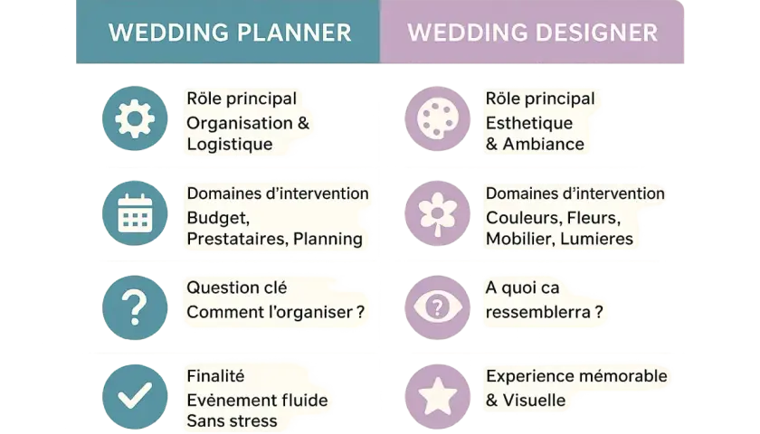 Comparaison des rôles : Wedding Planner (organisation, budget, planning) vs Wedding Designer (esthétique, couleurs, ambiance). Le wedding planner prix est un facteur clé.