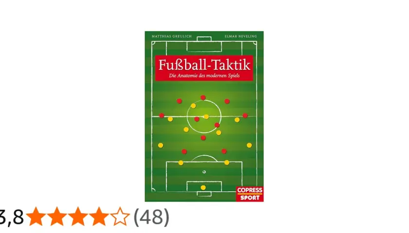 Buchcover "Fußball-Taktik" zeigt ein Spielfeld mit roten und gelben Punkten, die Spielerpositionen darstellen. Es erklärt, was ist Taktik im modernen Fußball.