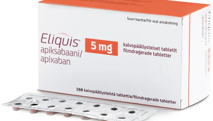Opakowanie leku Eliquis 5 mg, zawierające 168 tabletek. To lek na receptę, a jego zamiennik może być dostępny w aptece.