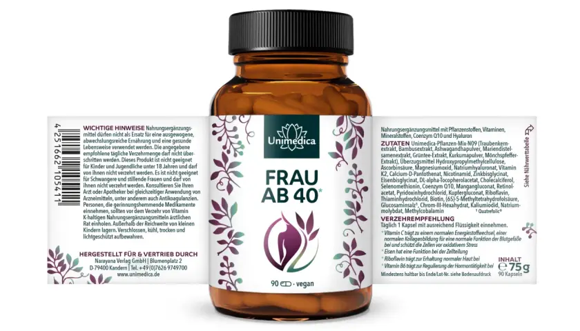 Unimedica Frau ab 40 Kapseln mit Coenzym Q10, das die Wirkung auf die Psyche unterstützen kann. 90 vegane Kapseln.