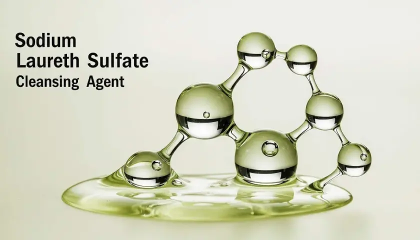 Molécula de Sodium Laureth Sulfate, un agente limpiador, representada con esferas de líquido verde translúcido.