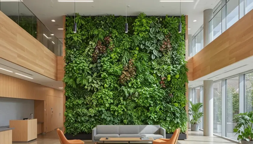 Mur végétal luxuriant offrant une riche texture plante, avec un canapé gris et deux fauteuils orange dans un espace moderne.