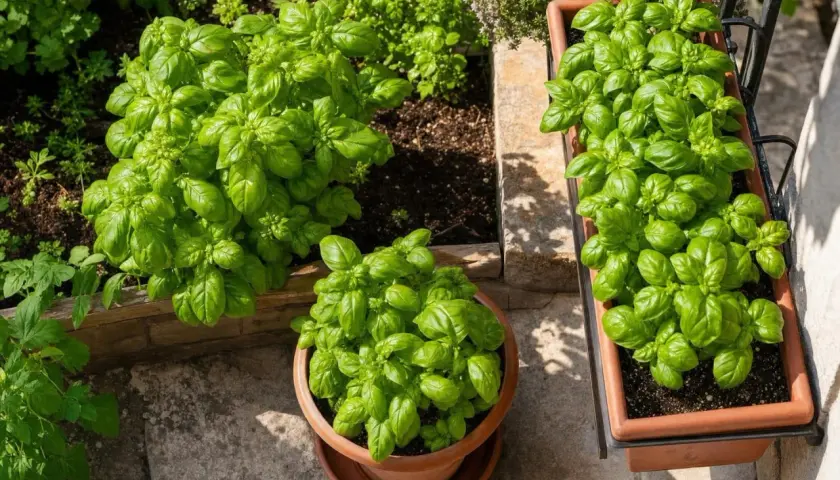 Des plants de basilic luxuriants poussent dans un pot en terre cuite et une jardinière suspendue. Idéal pour savoir où planter le basilic pour une récolte abondante.