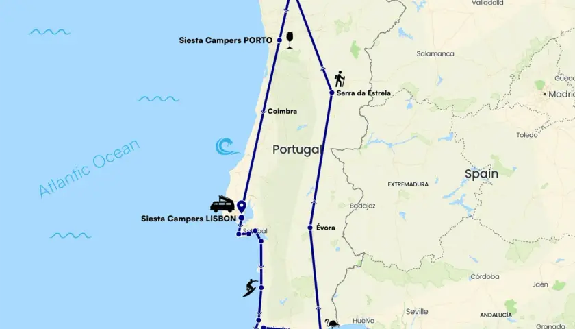 Carte d'un road trip Portugal en van, de Porto à Faro, passant par Lisbonne, avec des icônes de surf et de randonnée.