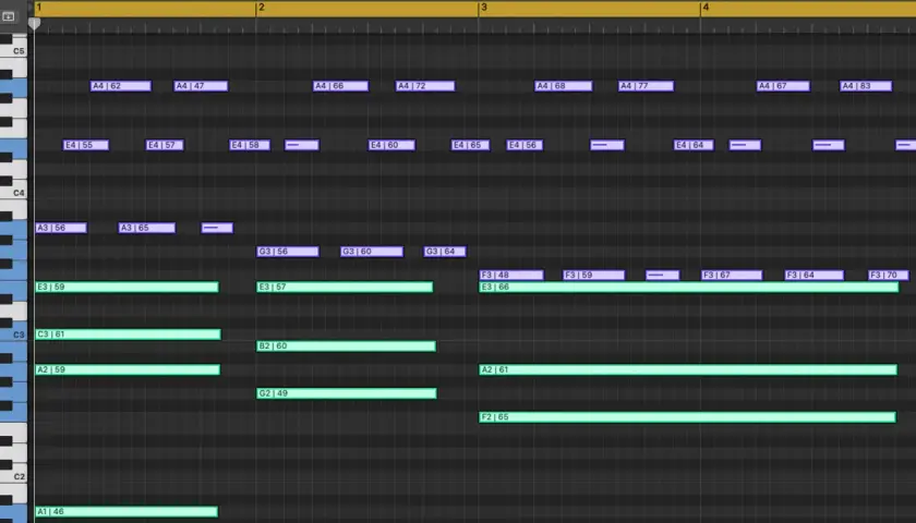 Noten auf einem Piano-Roll-Editor, der eine musikalische Komposition zeigt.