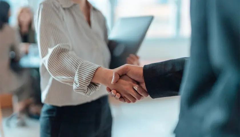 Una stretta di mano che sigilla un accordo, un momento di connessione e attrazione professionale in un ambiente d'ufficio.