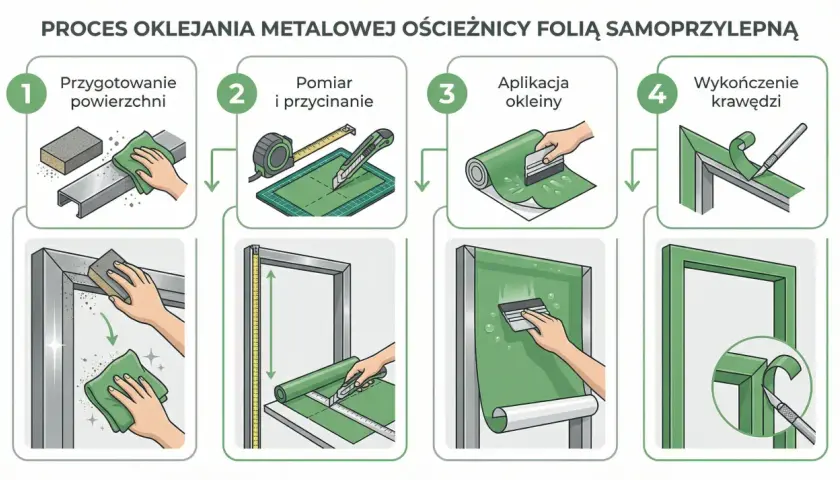 Instrukcja jak odnowić stare futryny metalowe: przygotowanie, pomiar, aplikacja okleiny i wykończenie.