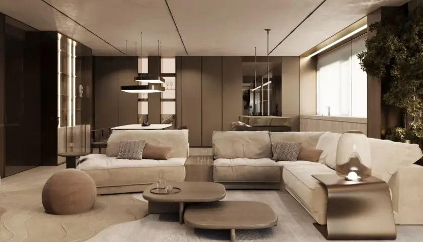 Przytulny salon w stylu quiet luxury, z beżową sofą, drewnianymi stolikami i subtelnym oświetleniem.