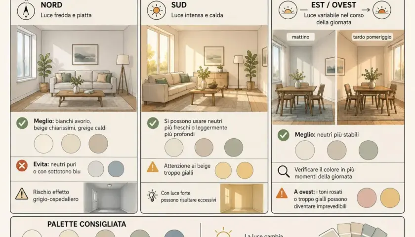 Guida ai tipi di pittura per interni: esposizione e scelta del colore in base alla luce. Consigli per ogni orientamento.