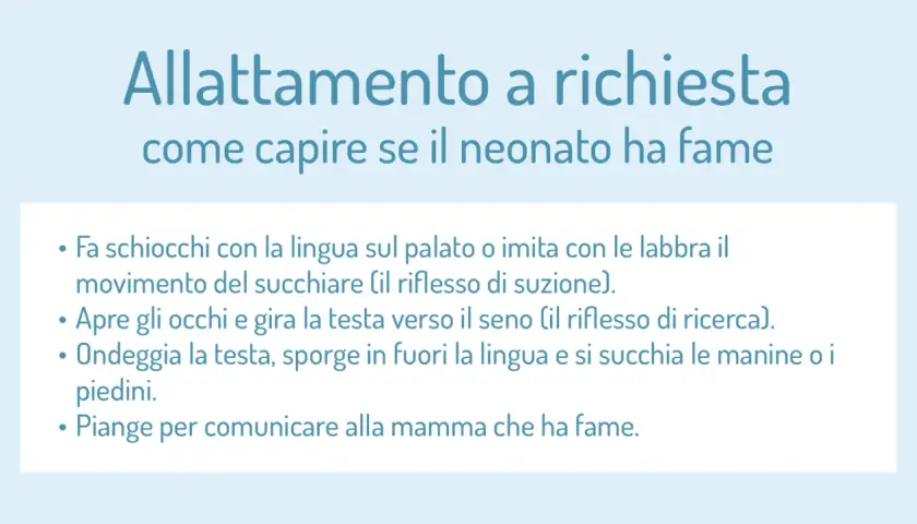 Segnali di fame del neonato per un allattamento a richiesta: schiocchi di lingua, ricerca del seno, succhiarsi mani/piedi e pianto.