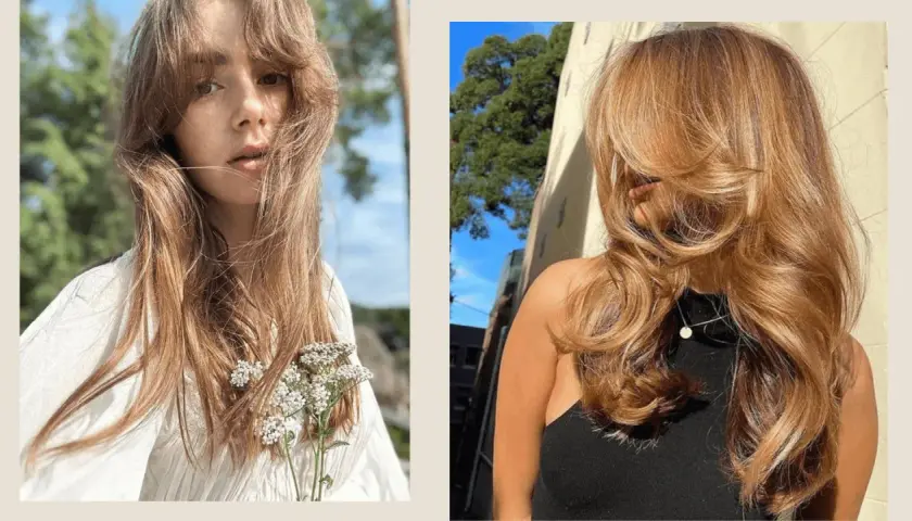 Dos estilos de cabello con flequillo mariposa, uno con un look natural y otro con ondas voluminosas.